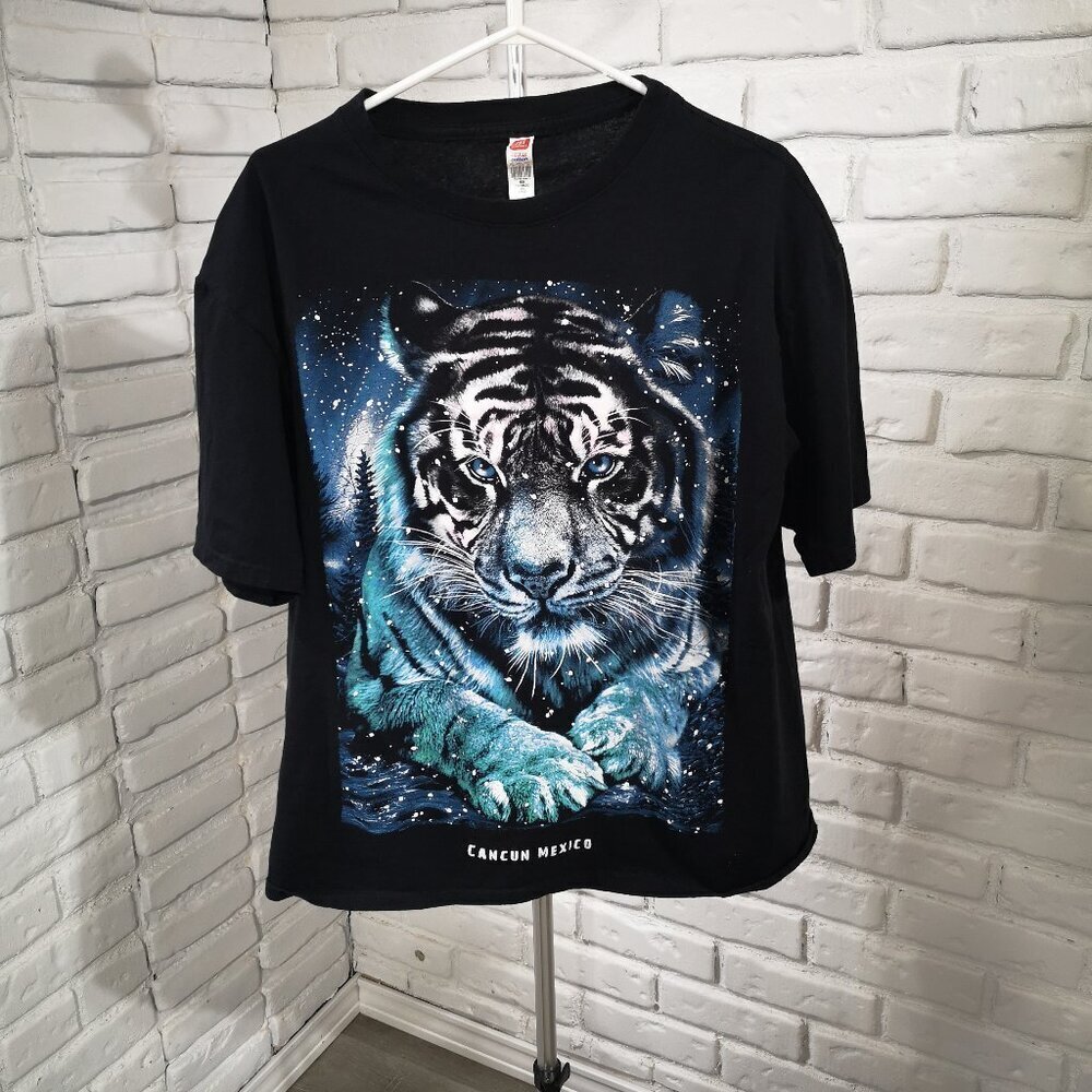 Euro Cotton Men's Size XL Black w/ 3D White Tiger Face & Cancun Mexico T-shirt